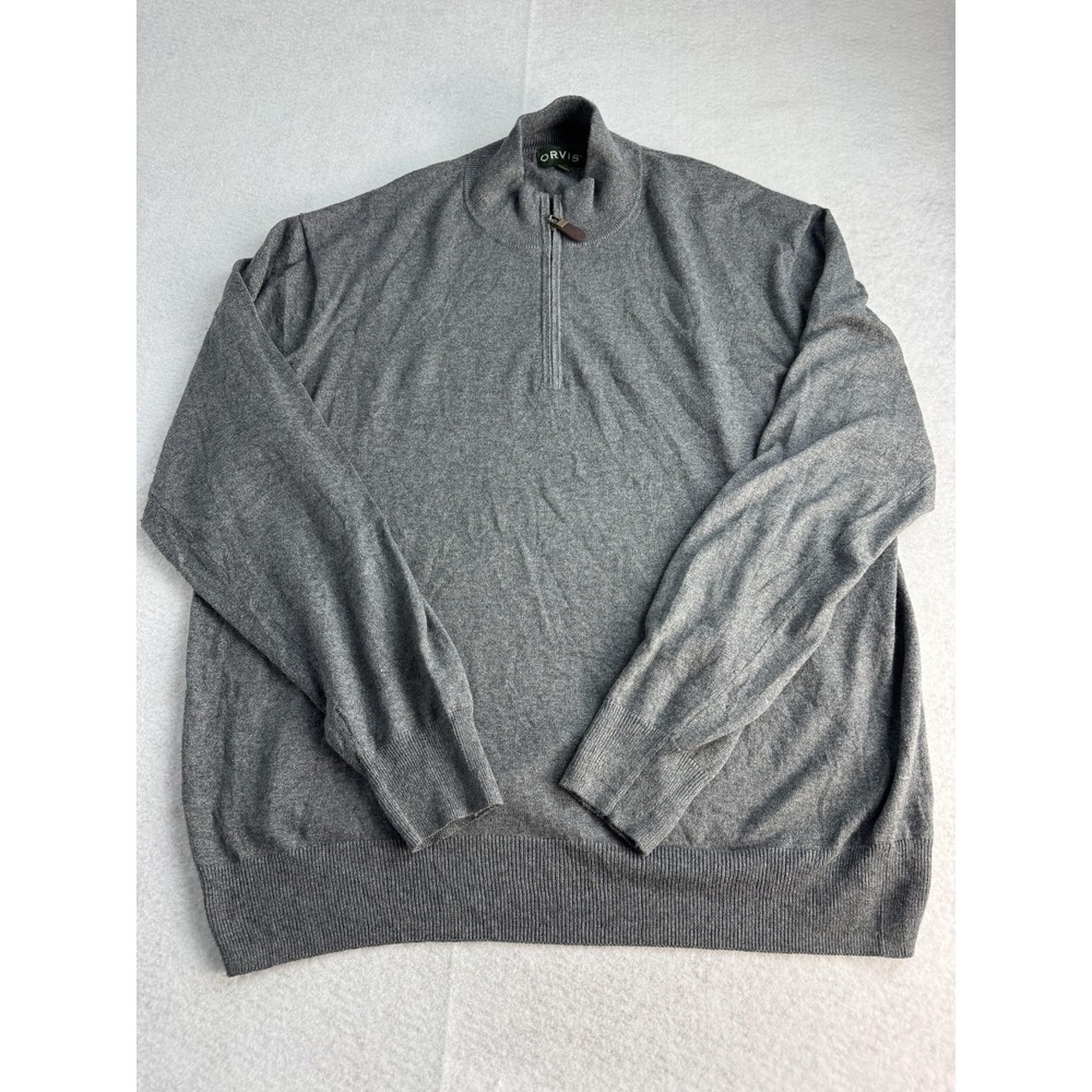 Orvis Sweater Mens XL Gray Cotton Silk Cashmere Quarter Zip Mock Neck Pullover‎